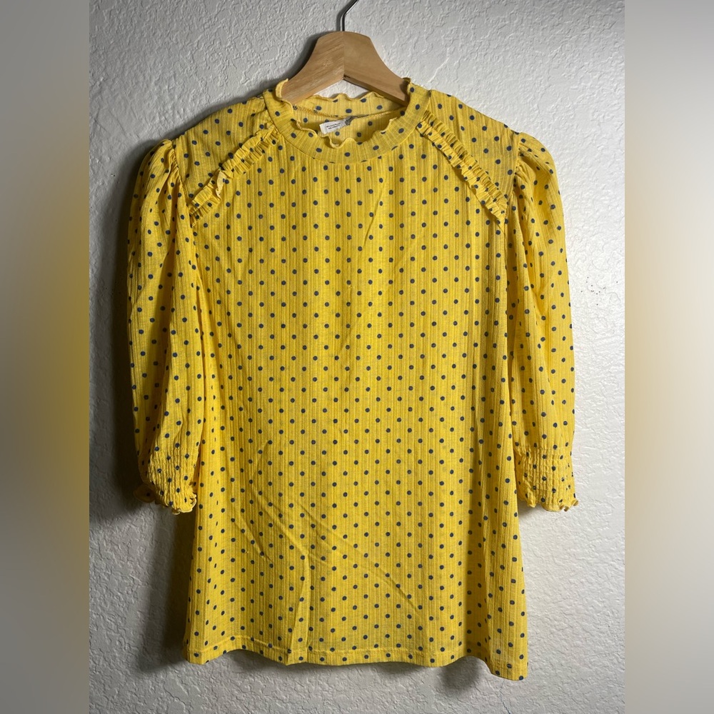 ZARA Womens Yellow Blouse Blue Polka Dot Stretch Crepe Smocked Sleeve